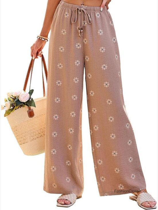Pants - Wide Leg Palazzo Pants with Beaded Drawstring and Pockets